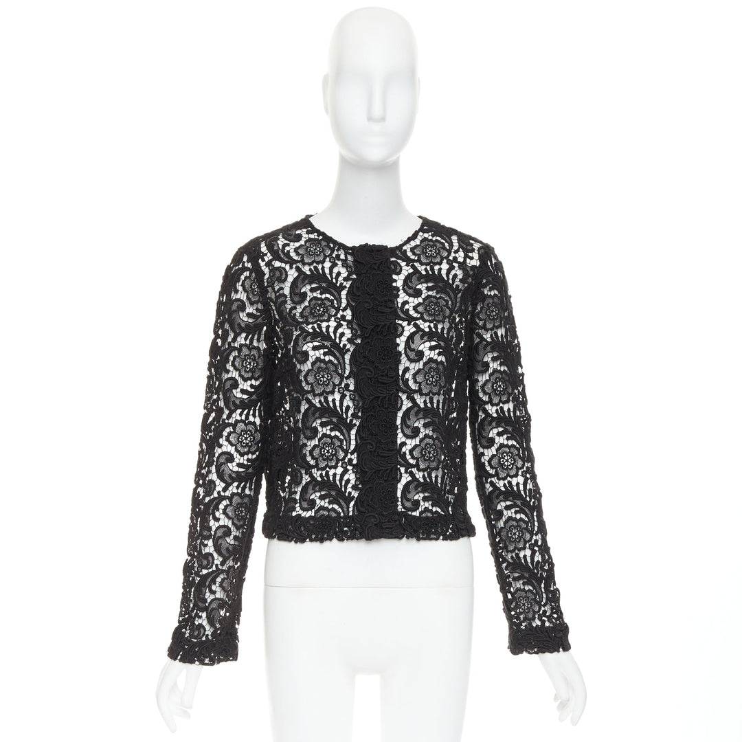 rare PRADA 2008 Vintage black 3D guipure  sheer lace cropped jacket IT40 S
