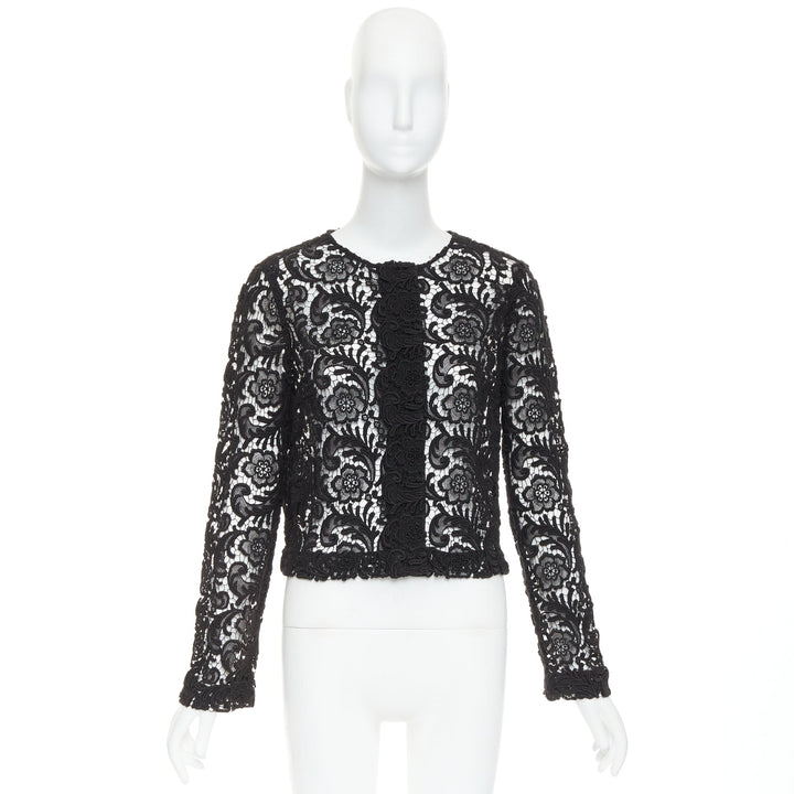 rare PRADA 2008 Vintage black 3D guipure  sheer lace cropped jacket IT40 S