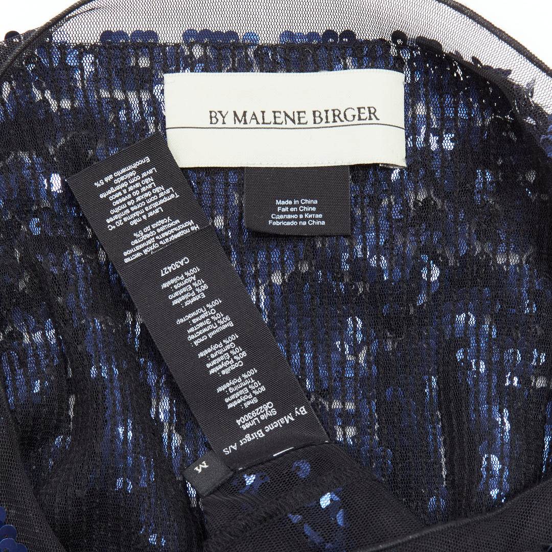 BY MALENE BIRGER blue sequins overlay black sheer evening gown dress M