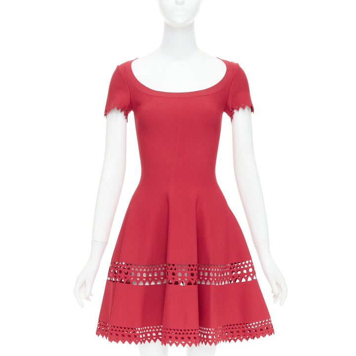 ALAIA red laser cut out cap sleeves wide round neck fit flared dress FR38 M