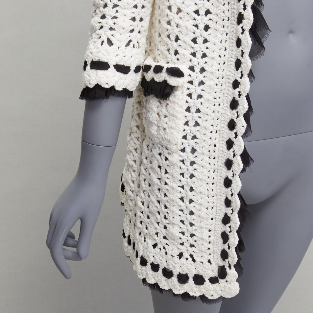 CHANEL 05P Runway cream crochet knit black silk trim cardigan coat FR38 M