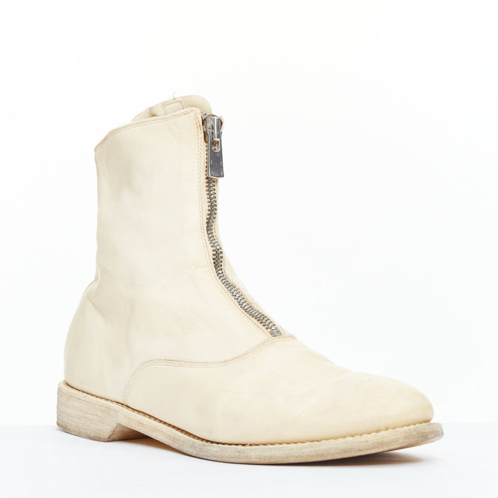 GUIDI cream full grain leather silver front zip combat boots EU39