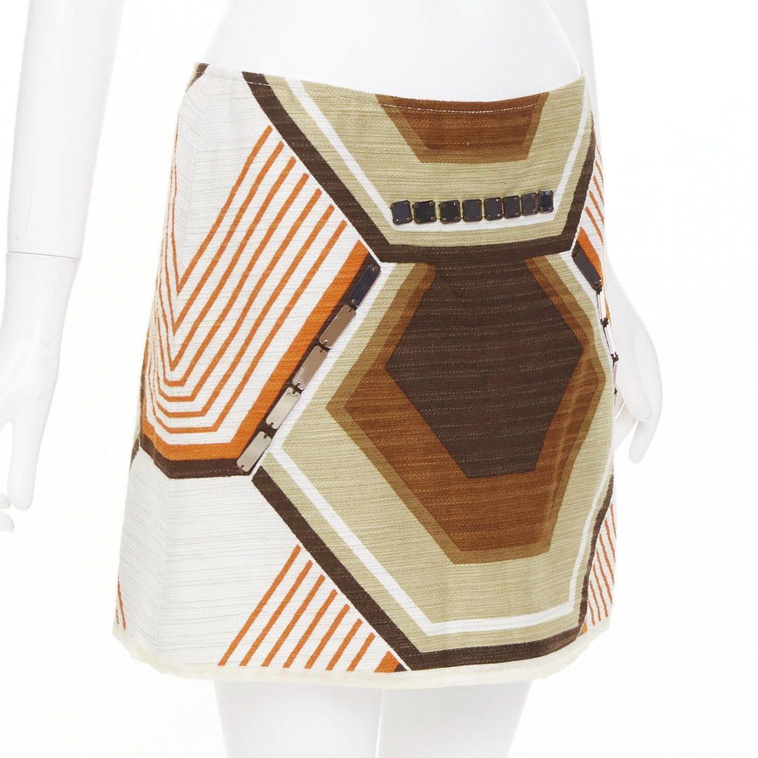 MIU MIU geometric textured cotton linen embellished plate mini skirt IT40 S