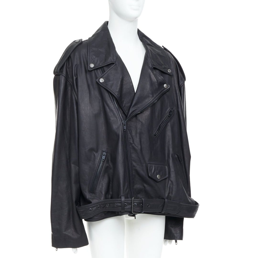 BALENCIAGA 2024 Demna black super oversized cowhide leather moto biker jacket L