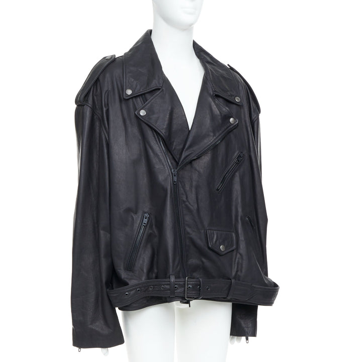 BALENCIAGA 2024 Demna black super oversized cowhide leather moto biker jacket L