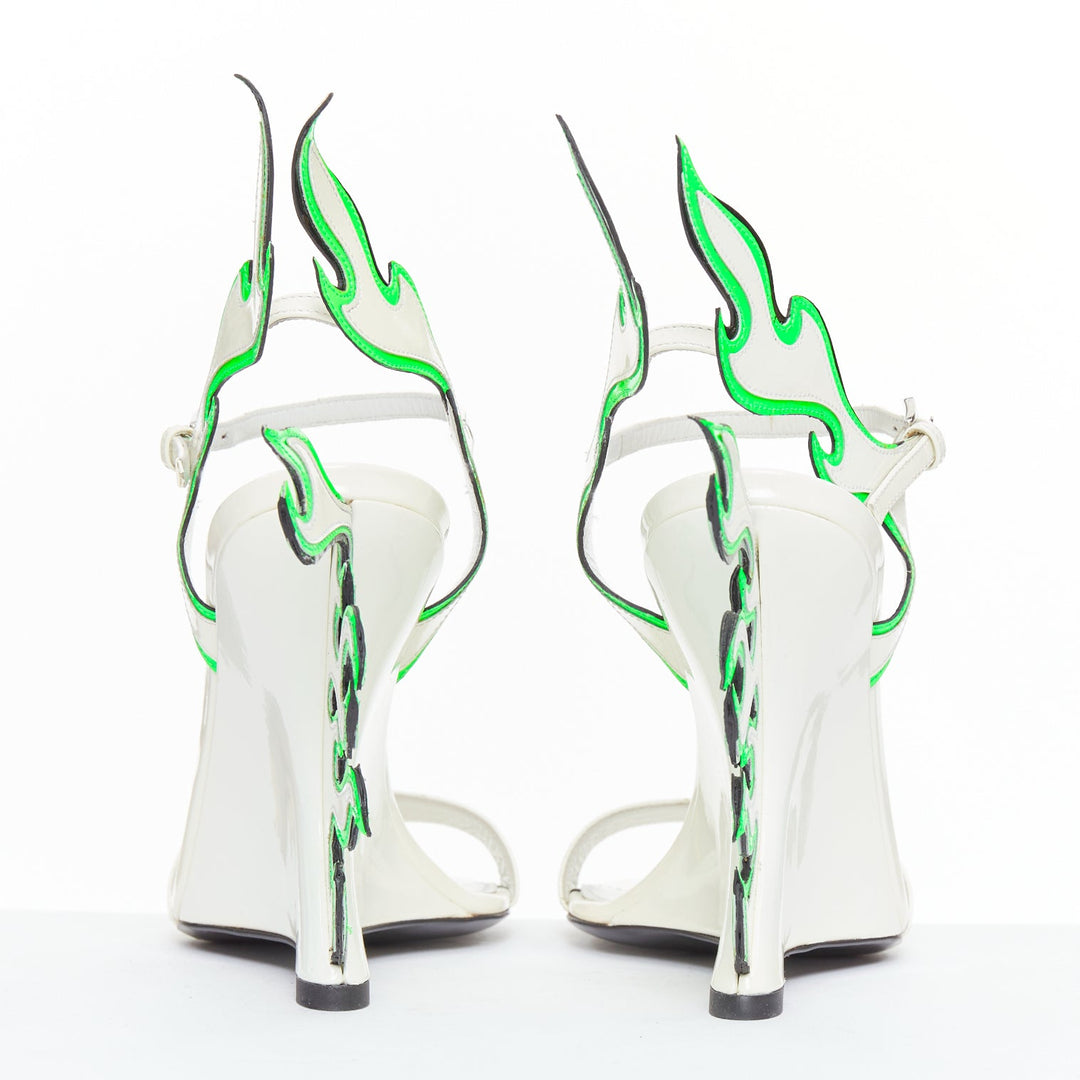 rare PRADA 2018 Flame Wedge white neon green patent Fire heel sandal EU37