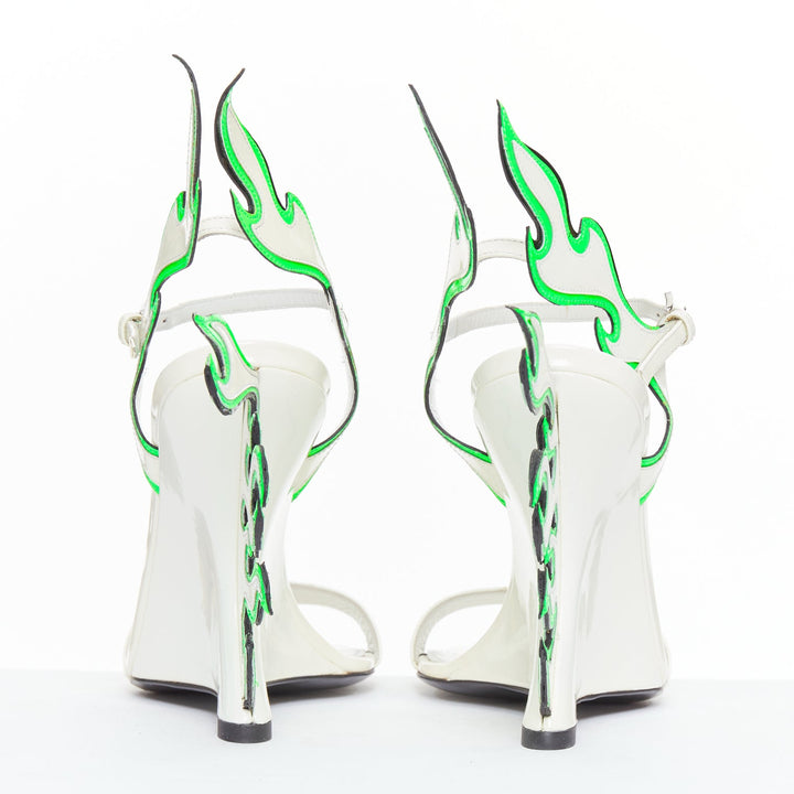 rare PRADA 2018 Flame Wedge white neon green patent Fire heel sandal EU37