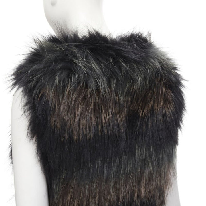 METEO YVES SALOMON black brown green racoon fur vest jacket IT36 XS