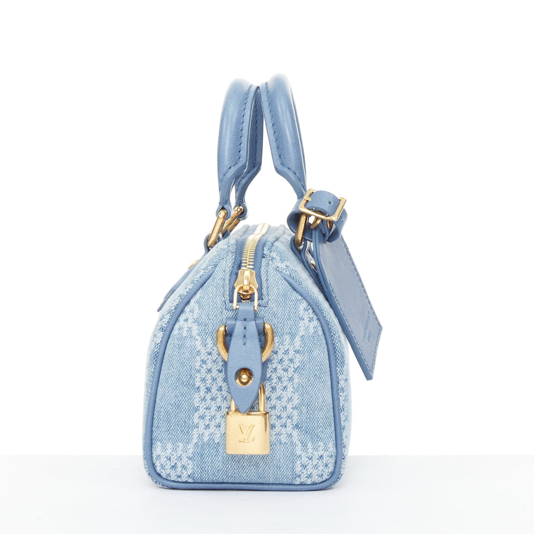LOUIS VUITTON 2024 Speedy 18 Bandouliere blue denim Damier jacquard mini bag