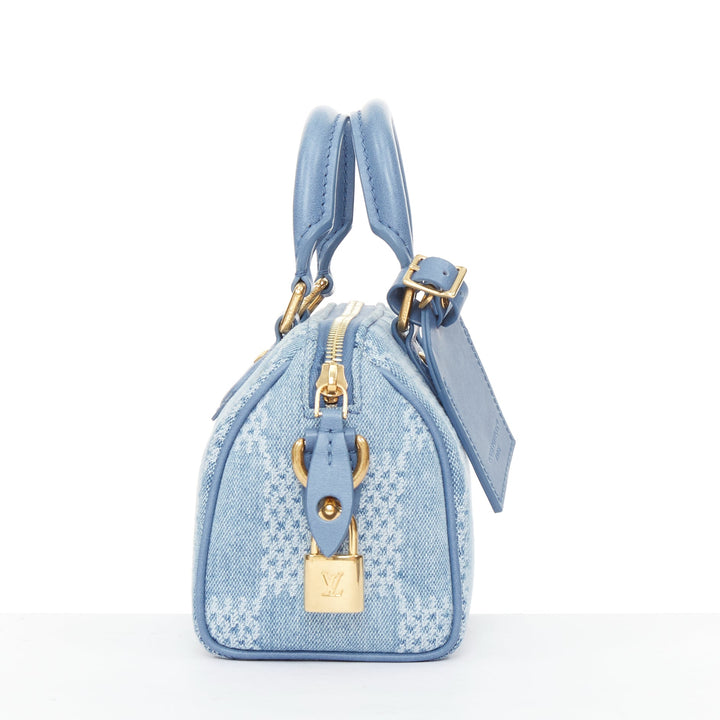LOUIS VUITTON 2024 Speedy 18 Bandouliere blue denim Damier jacquard mini bag