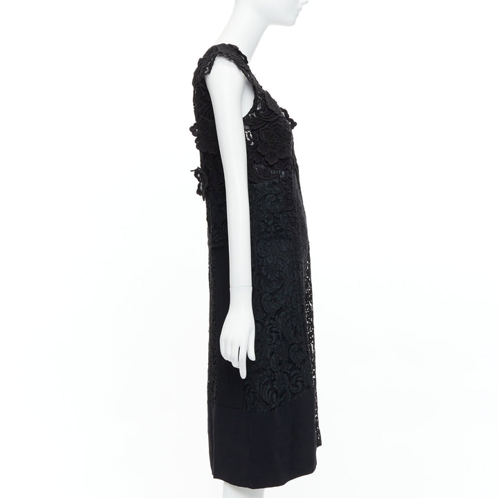 PRADA 2008 black cotton blend heavy lace applique panelled dress IT38 XS