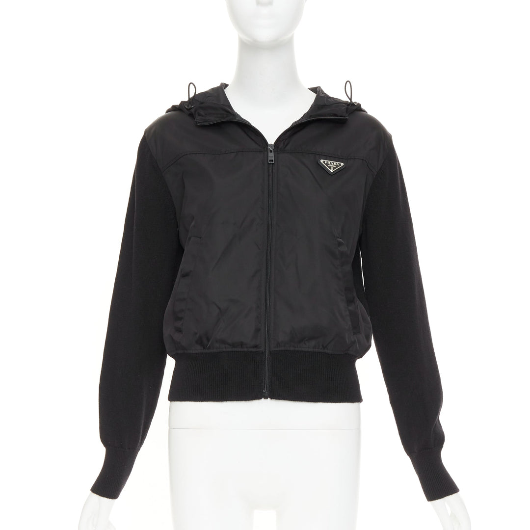 PRADA 2021 wool nylon front silver triangle plague zip up hoodie jacket IT42 M