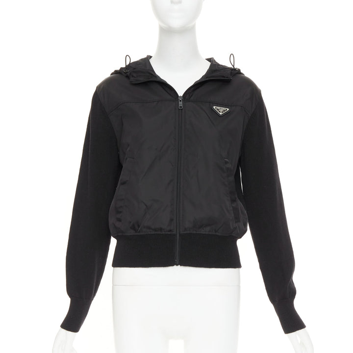 PRADA 2021 wool nylon front silver triangle plague zip up hoodie jacket IT42 M