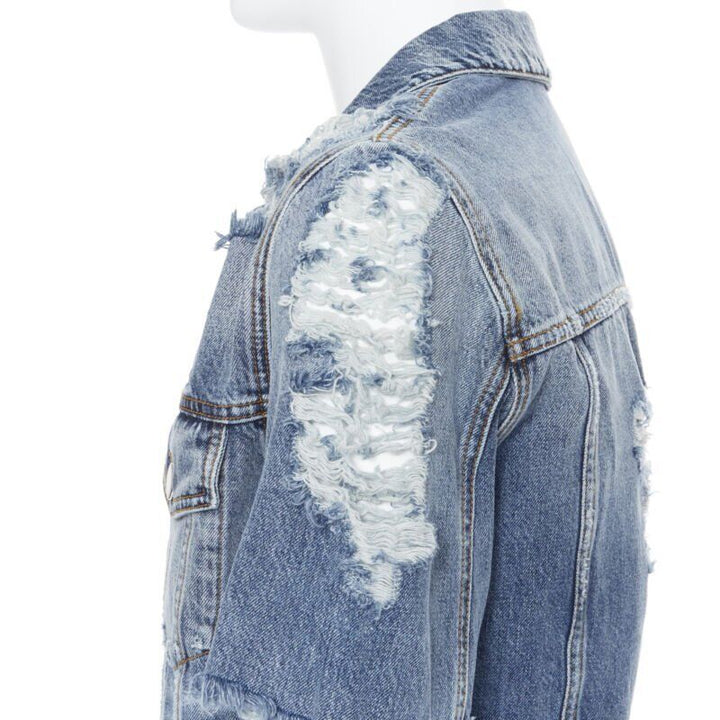 BALMAIN blue washed heavy distressed holey casual cotton denim jacket S