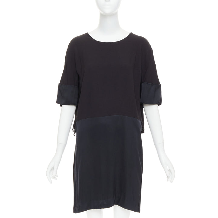 CHLOE black 100% silk crepe satin contrast cape back dress FR42 XL