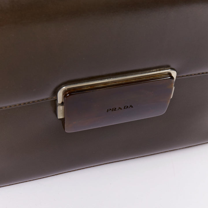 PRADA Vintage dark brown leather acrylic logo buckle flap bag