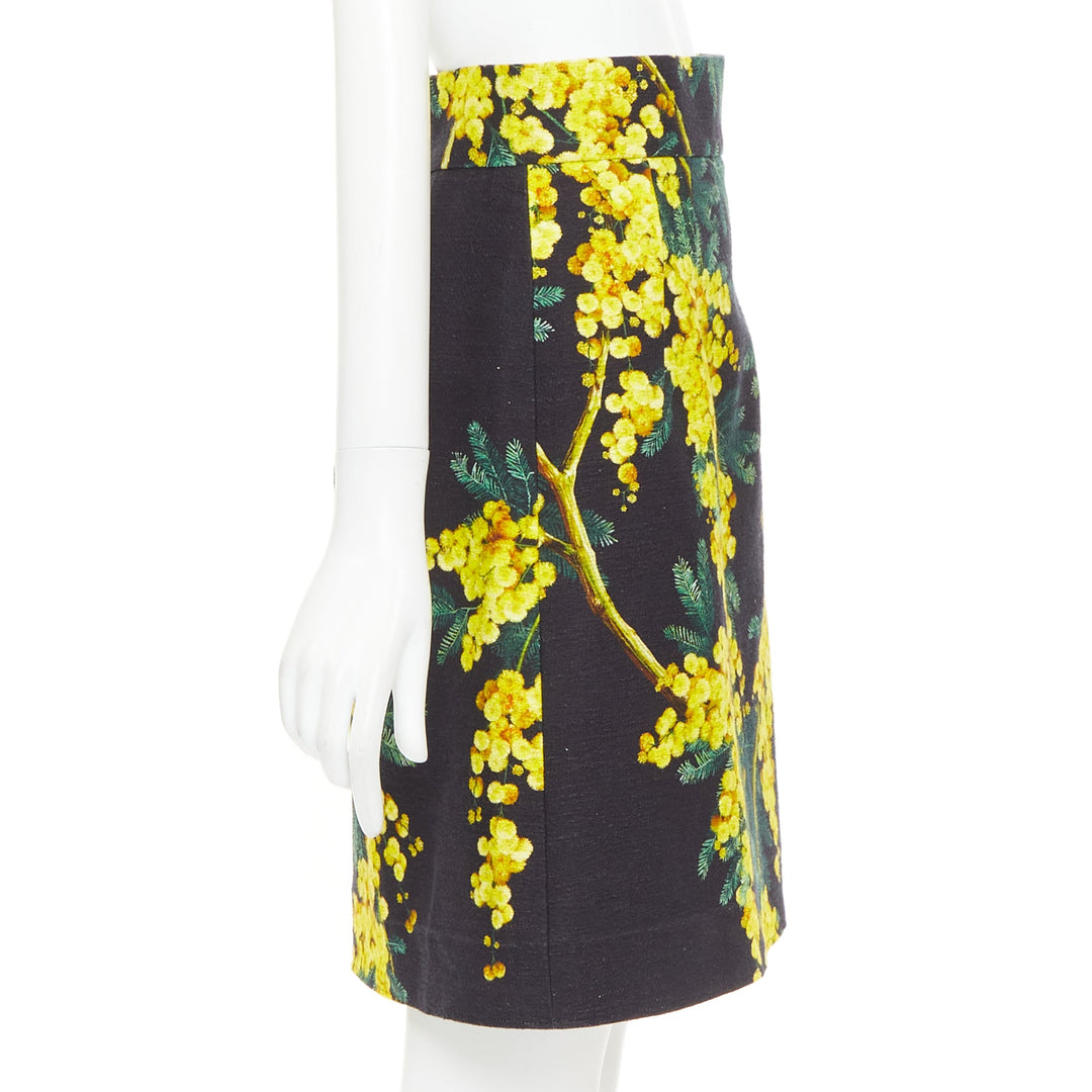 DOLCE GABBANA yellow black cotton floral print textured A-line skirt IT40 S