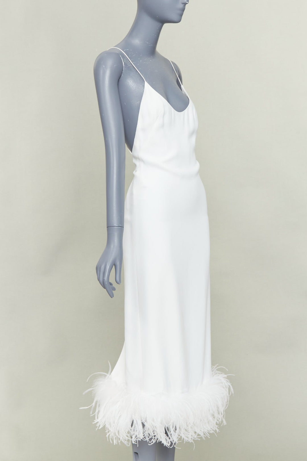 MIU MIU 2022 Bridal white viscose stretch cady feather hem slip dress IT38 XS
