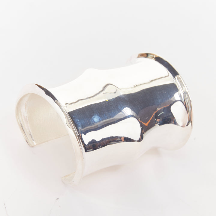 SAINT LAURENT Wavy silver tone brass mirrored shine architectural cuff bangle