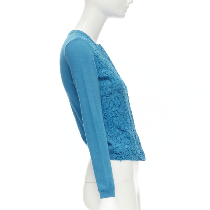 VALENTINO blue floral lace front wool silk cashmere cardigan sweater S