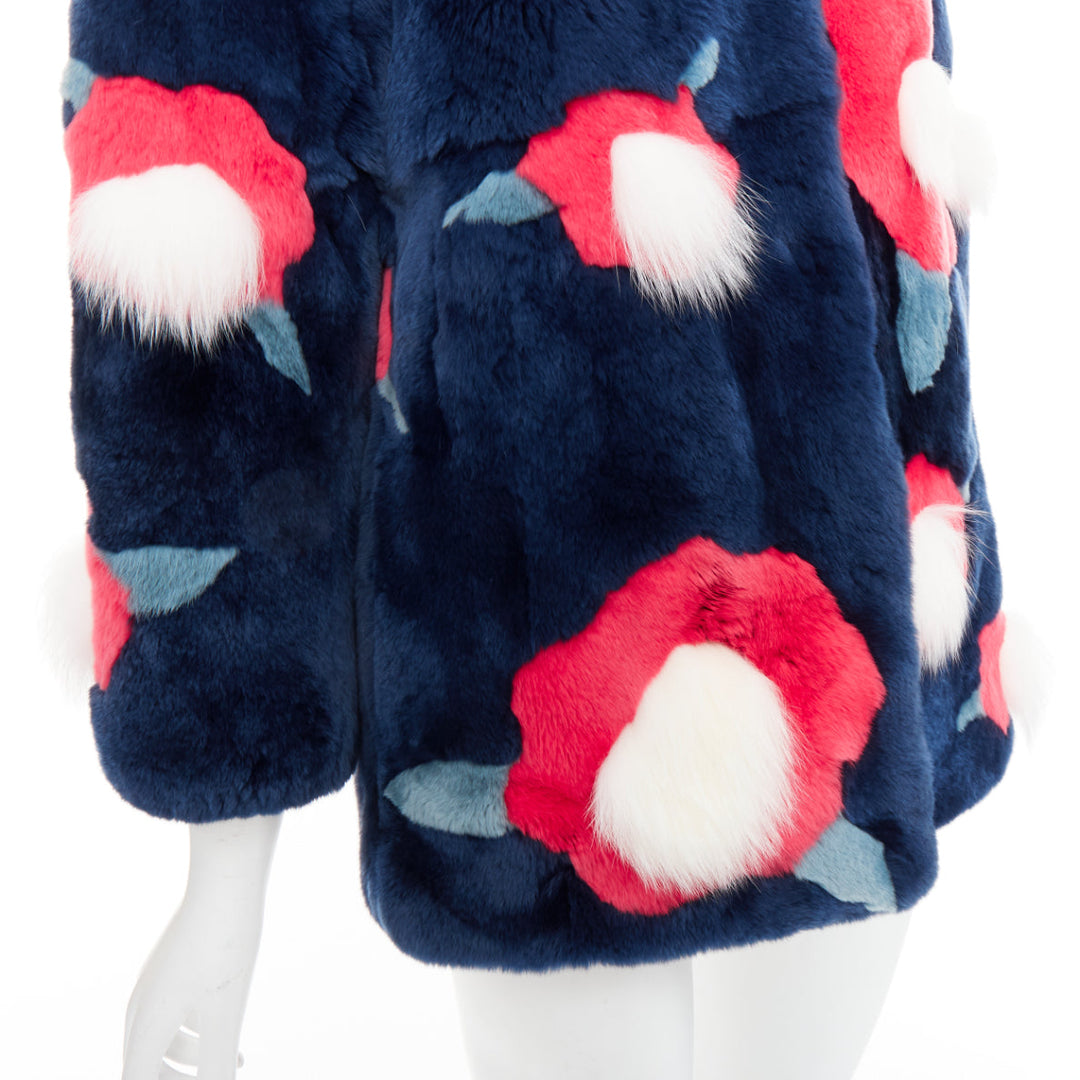 YVES SALOMON KIDS navy rabbit mink floral patchwork coat Yr10 XS