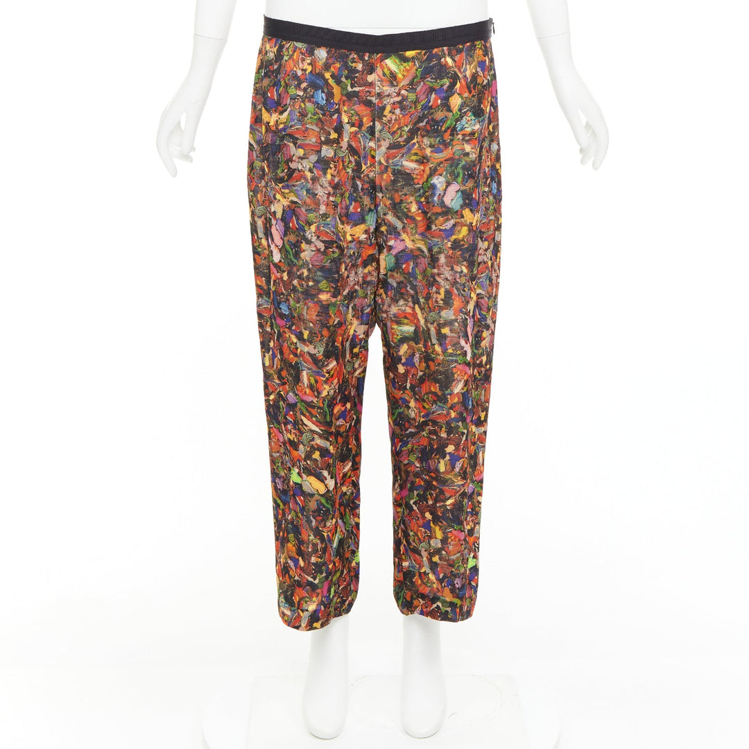 DRIES VAN NOTEN 2008 multicolor 100 % silk watercolor print tapered pant FR42 XL