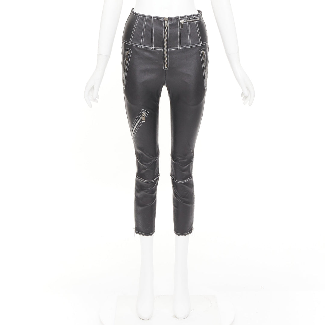 ALEXANDER MCQUEEN 2021 contrast stitch biker corset black leather pants IT38 XS