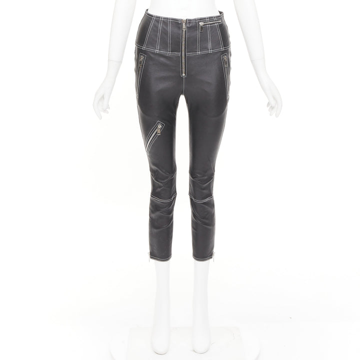 ALEXANDER MCQUEEN 2021 contrast stitch biker corset black leather pants IT38 XS