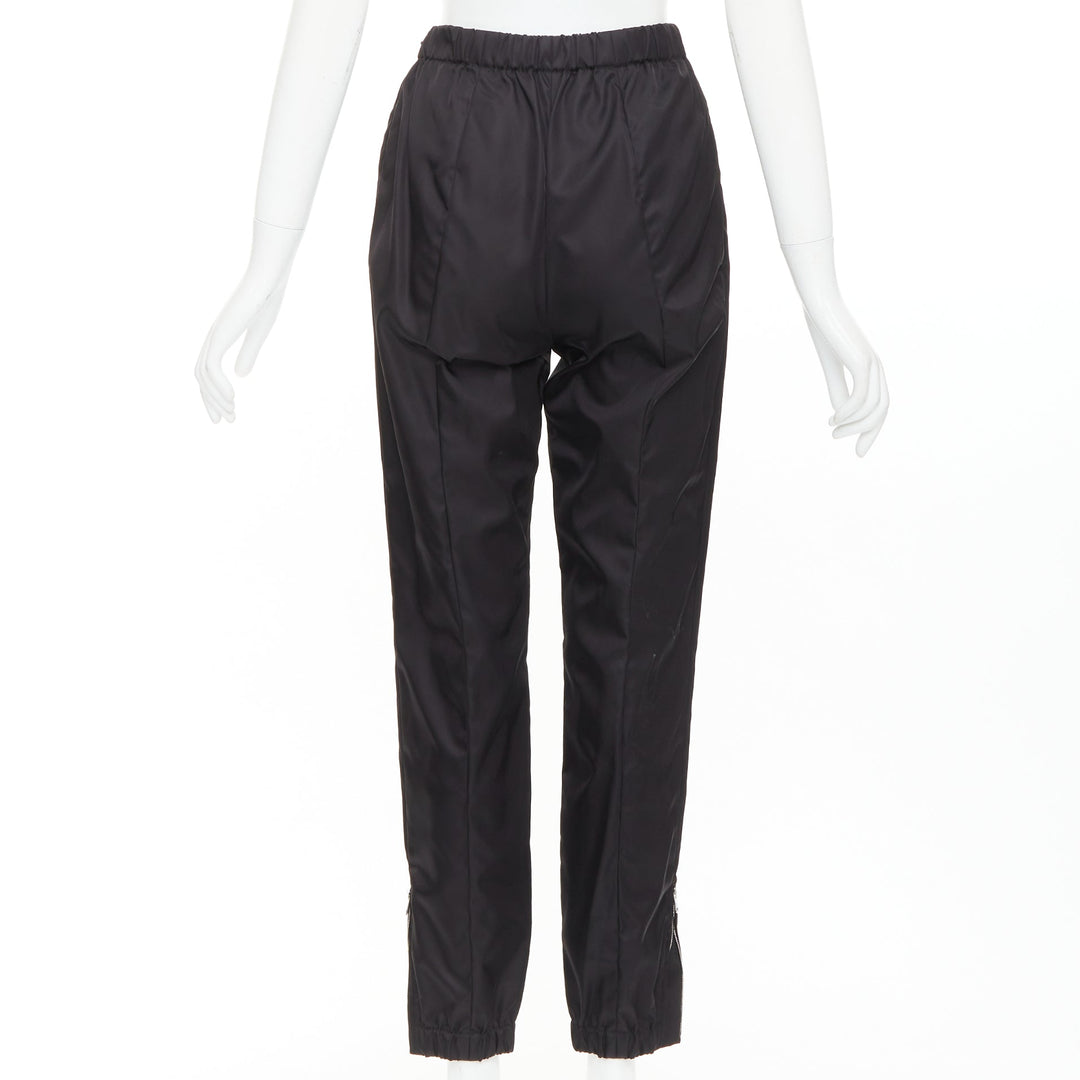 PRADA black silver logo leather plague nylon high waist tapered jogger pants