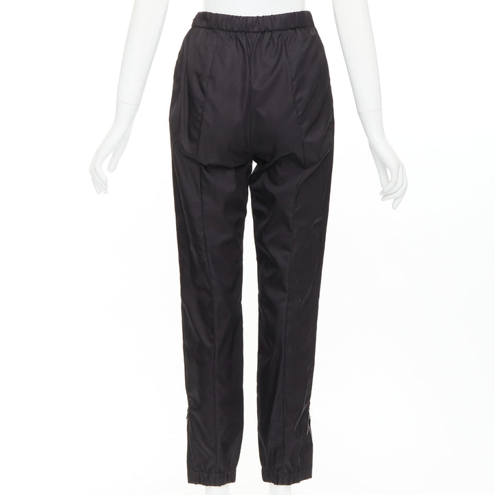 PRADA black silver logo leather plague nylon high waist tapered jogger pants