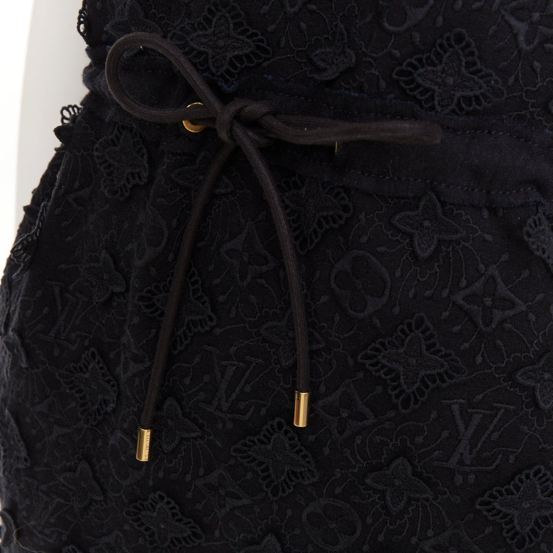 LOUIS VUITTON black LV logo monogram raised lace drawstring short dress XS