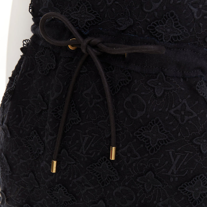 LOUIS VUITTON black LV logo monogram raised lace drawstring short dress XS