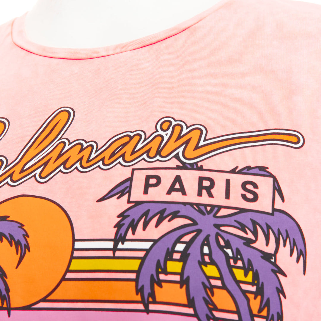BALMAIN pink washed cotton jersey retro beach sunset graphic logo t-shirt L