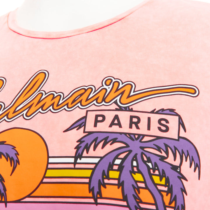BALMAIN pink washed cotton jersey retro beach sunset graphic logo t-shirt L