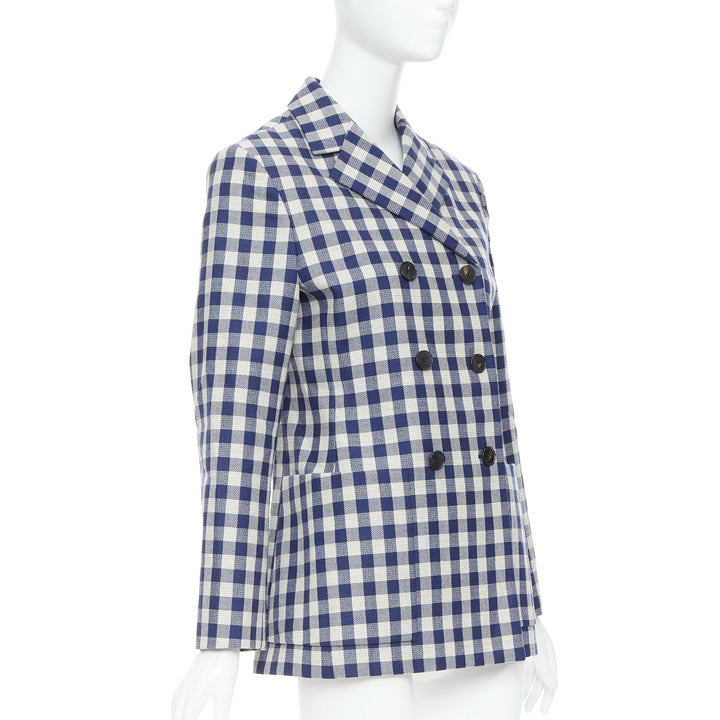 CHRISTIAN DIOR 2020 Runway blue cream virgin wool checkered bar jacket FR40 L