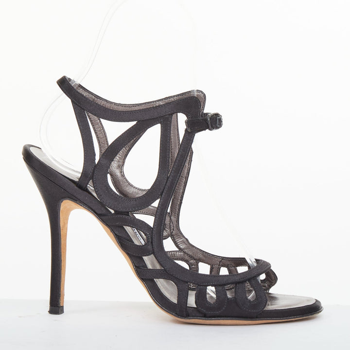 MANOLO BLAHNIK black satin abstract loop caged stiletto sandals EU37
