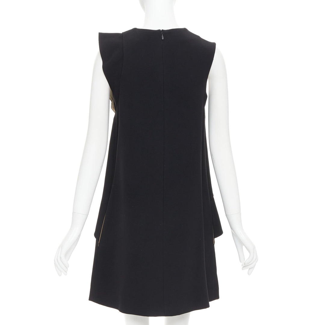 CHLOE black crepe cream silk trim asymmetric ruffle shift dress FR36 S