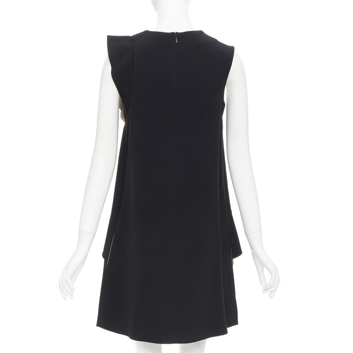 CHLOE black crepe cream silk trim asymmetric ruffle shift dress FR36 S