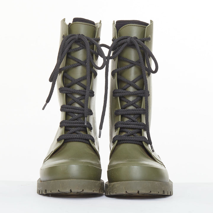 CHRISTIAN DIOR 2019 Runway Diorcamp matte khaki green rubber combat boots EU39