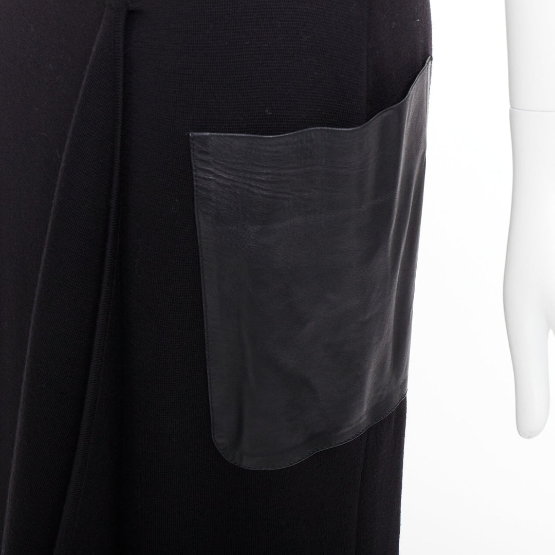 MAX MARA black leather patch pocket drape front mid waist midi skirt
