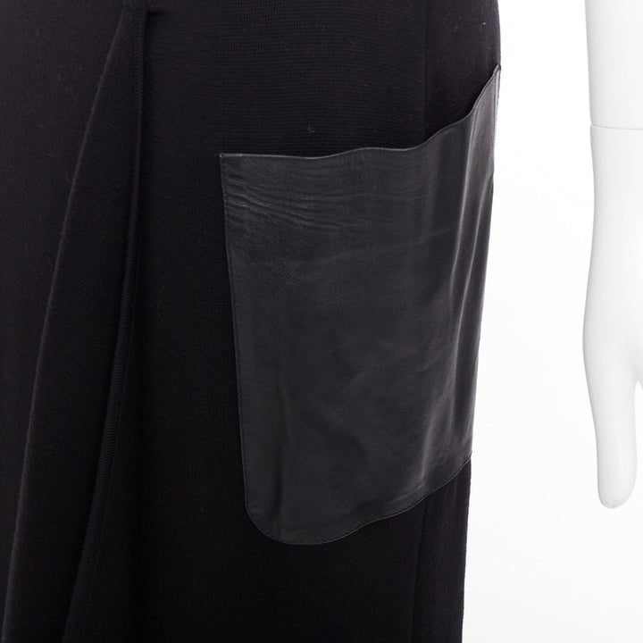 MAX MARA black leather patch pocket drape front mid waist midi skirt