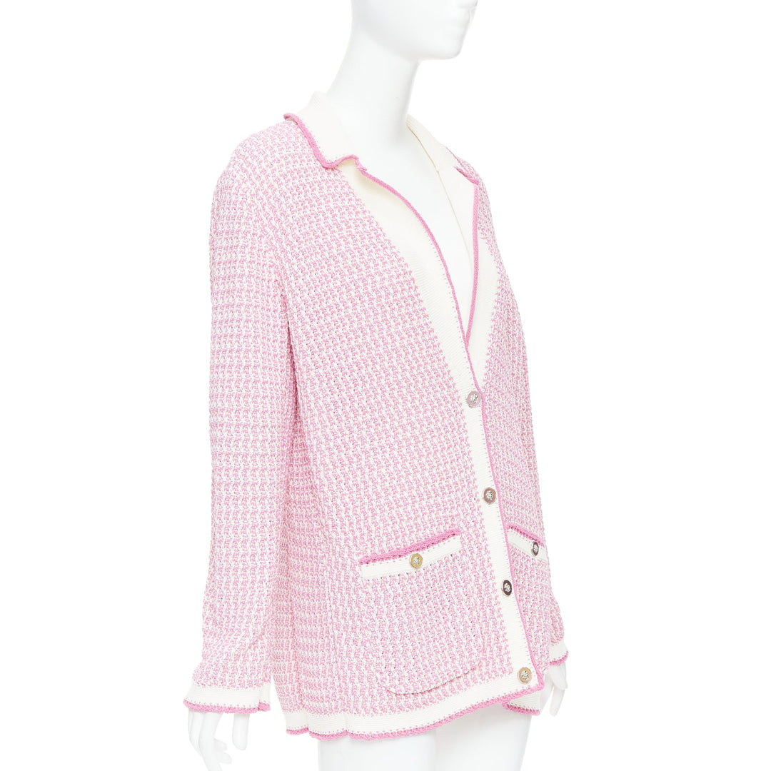 CHANEL 2022 pink white tweed metallic buttons long knit cardigan FR42 XL