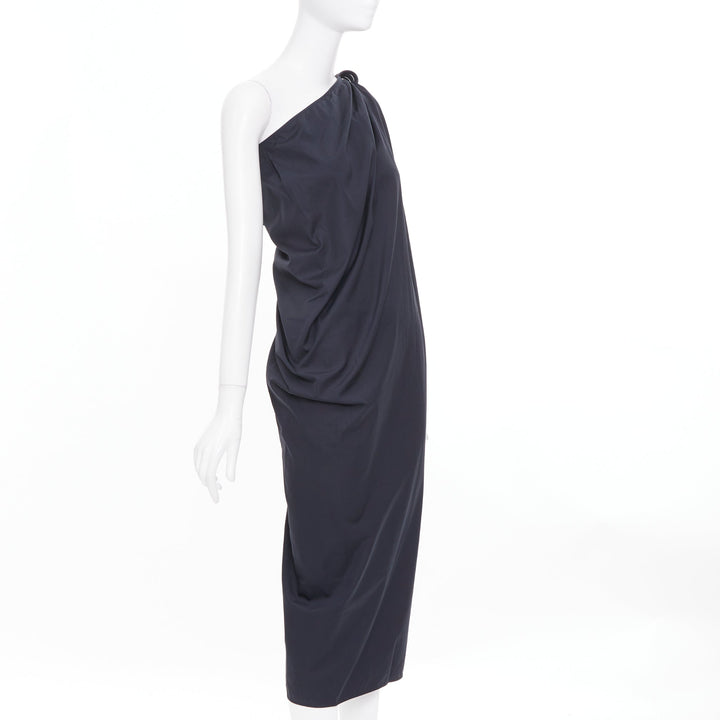 MAX MARA Sfilata black asymmetric draped cotton leather trim midi dress IT36 XXS