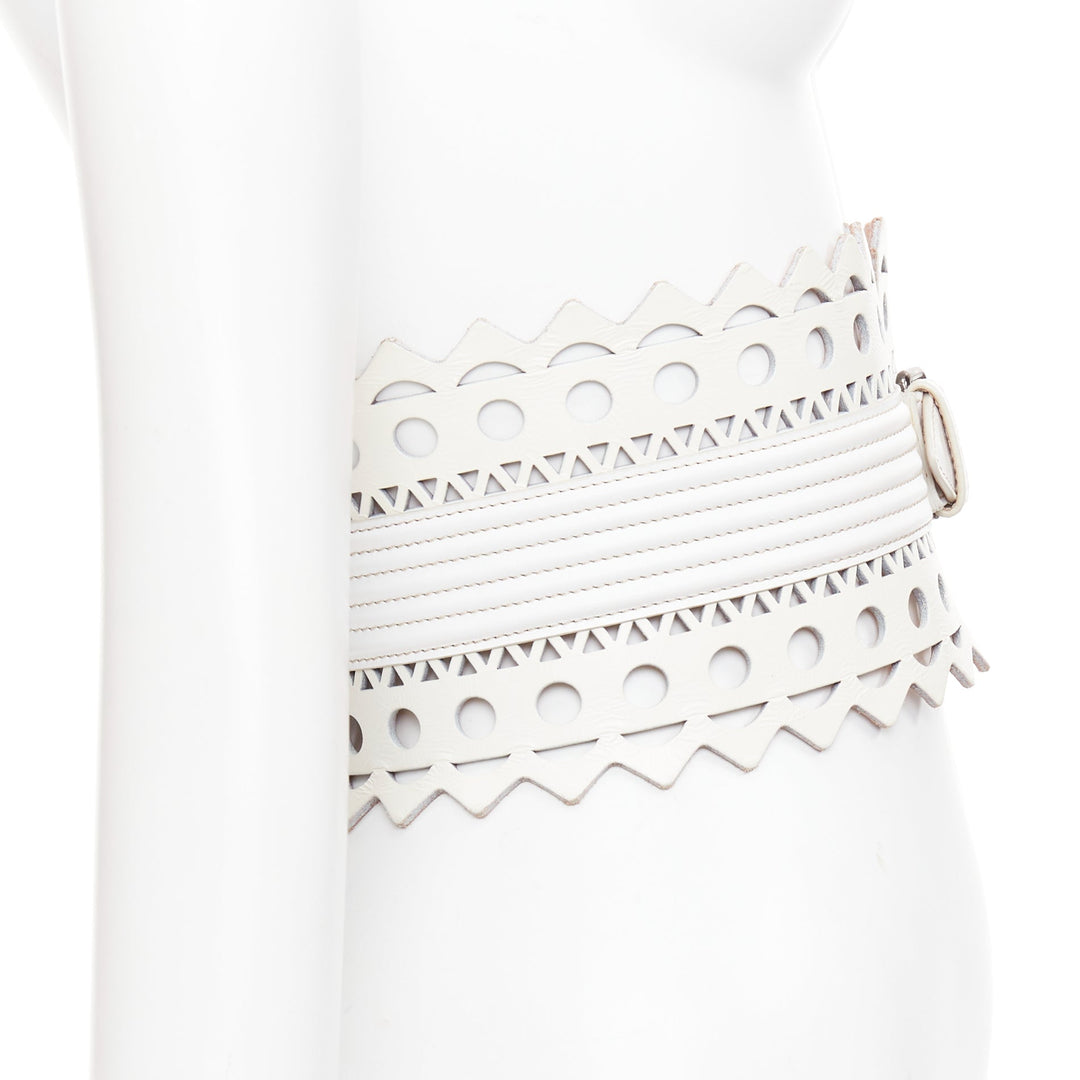 ALAIA Vienne white leather laser cut cinched corset wide belt 65cm