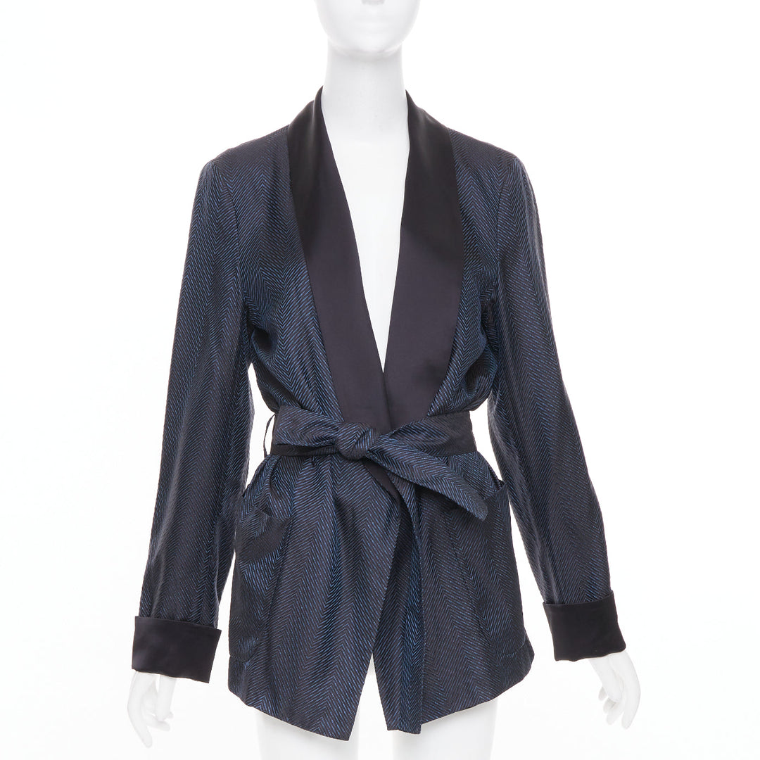 LA PERLA navy blue textured chevron jacquard silk shawl lapel smoking jacket