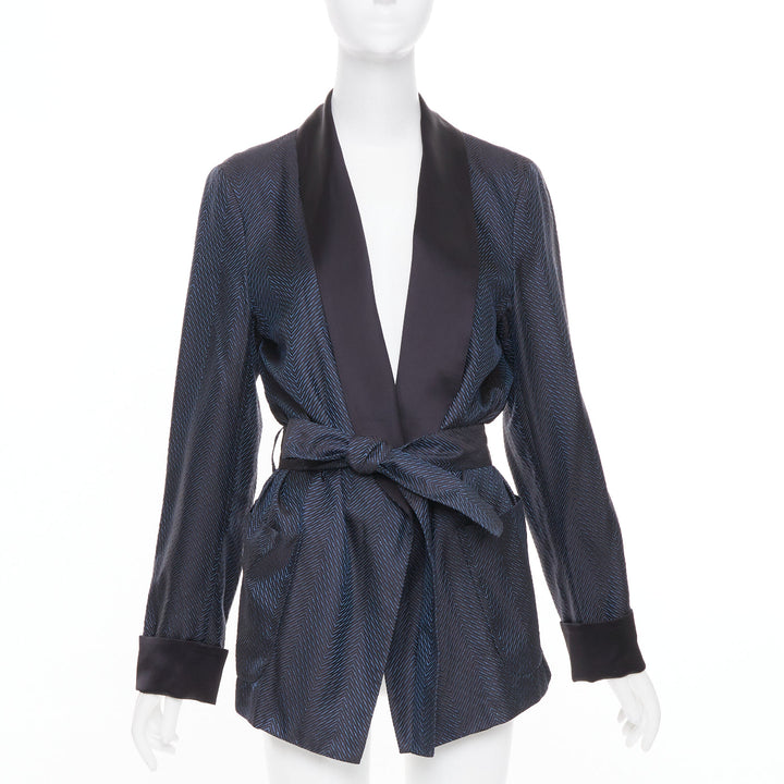LA PERLA navy blue textured chevron jacquard silk shawl lapel smoking jacket