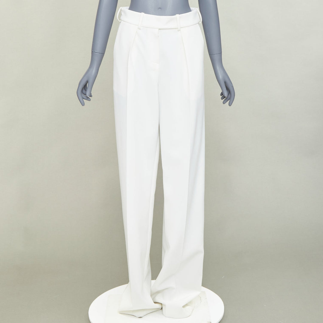 ALEXANDRE VAUTHIER white satin trim pleated front wide leg pants