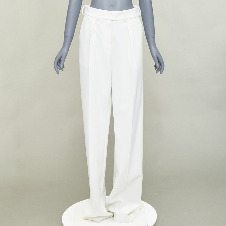ALEXANDRE VAUTHIER white satin trim pleated front wide leg pants