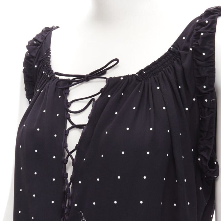 GUCCI black white polka dot cursive logo print laced front mini dress IT38 XS