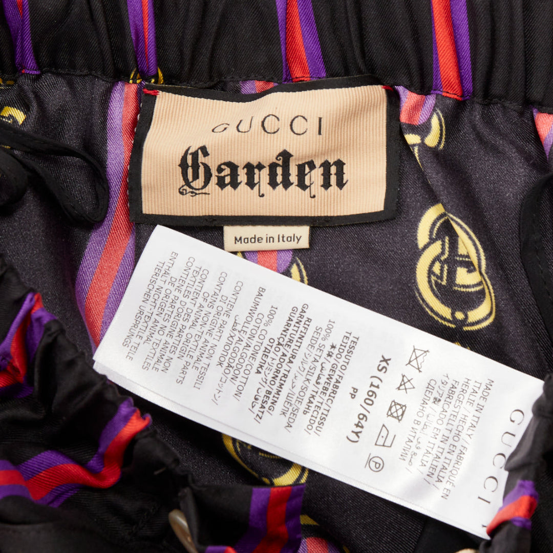 GUCCI Garden 100% silk black purple yellow equestrian GG buckle pajama pants XS